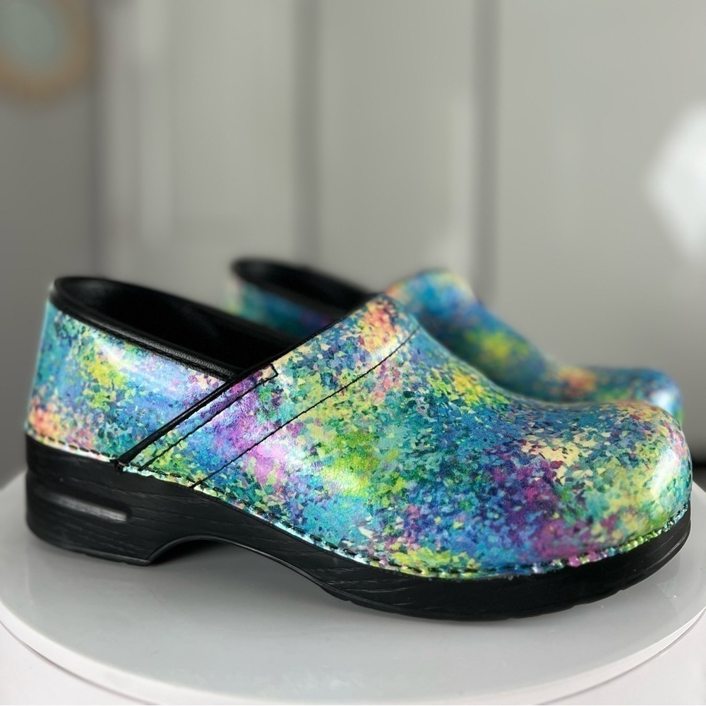 Dansko Teal Purple Pink Green Yellow Speckled Leather Clogs Size 11.5 - Picture 16 of 17